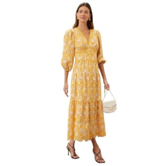 NWT Shoshanna Sicily Mustard & White Midi Dress - Picture 1 of 17